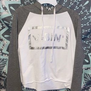 Grey and white  long sleeve Vibin cropped top